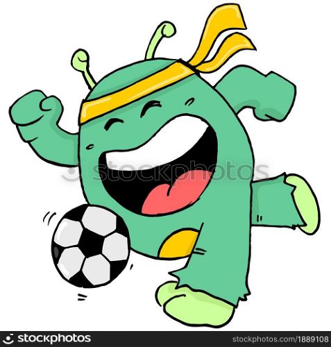 cute creatures happy playing soccer. cartoon illustration sticker emoticon