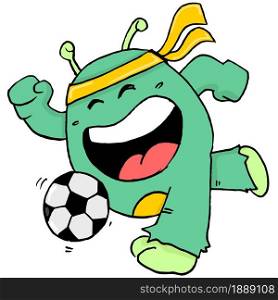 cute creatures happy playing soccer. cartoon illustration sticker emoticon