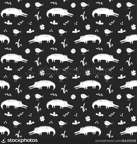 Cute Crocodile or Alligator with little bird Seamless Pattern, Cartoon Hand Drawn Animal Doodles Vector Illustration background .. Cute Crocodile or Alligator with little bird Seamless Pattern, Cartoon Hand Drawn Animal Doodles Vector Illustration background