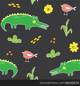 Cute Crocodile or Alligator with little bird Seamless Pattern, Cartoon Hand Drawn Animal Doodles Vector Illustration background .. Cute Crocodile or Alligator with little bird Seamless Pattern, Cartoon Hand Drawn Animal Doodles Vector Illustration background
