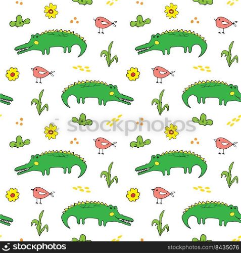 Cute Crocodile or Alligator with little bird Seamless Pattern, Cartoon Hand Drawn Animal Doodles Vector Illustration background .. Cute Crocodile or Alligator with little bird Seamless Pattern, Cartoon Hand Drawn Animal Doodles Vector Illustration background