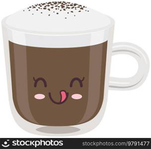 Cute cup of coffee sticker kawaii icon vector design. Adorable charming hot drink with whipped cream in cup with positive emotion, japanese, oriental culture symbol anime, innocence and childishness. Adorable charming hot drink and whipped cream with positive emotion. Smiling kawaii cup of coffee