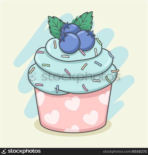 Cute Cupcake With Blueberry And Mint