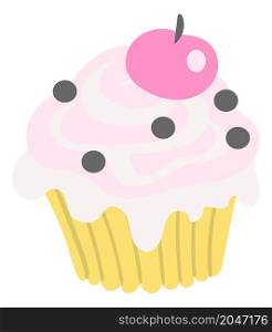 Cute cupcake with cherry on top. Sweet pink cartoon muffin isolated on white background. Cute cupcake with cherry on top. Sweet pink cartoon muffin