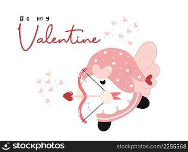 Cute Cupid valentine Gnome with heart archery, cartoon flat vector