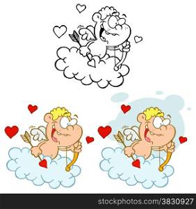 Cute Cupid with Bow and Arrow Flying in Cloud. Collection