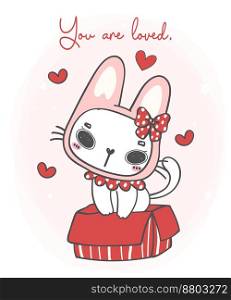 cute curious smile bunny ears white kitten cat girl in red gift box, you are loved, animal cartoon doodle hand drawing 