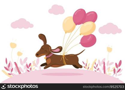Cute dachshund run in love mood with air balloons. Pink cloud and plants on white background. Vector illustration. Saint Valentine s greeting day card