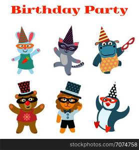 Cute dancing animals on birthday masquerade party. Lion and penguin, cat and hippopotamus, vector illustration. Cute dancing animals on birthday masquerade party