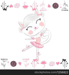 Cute dancing cat ballerina in the tutu. Cartoon hand drawn. Cute dancing cat ballerina in tutu. Cartoon hand drawn.