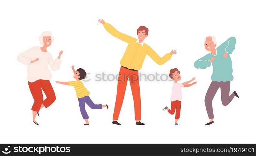 Cute dancing family. Elderly adult and children dencers characters. Happy grandparents and kids vector illustration. Family dance, happy together girl boy and granny. Cute dancing family. Elderly adult and children dencers characters. Happy grandparents and kids vector illustration