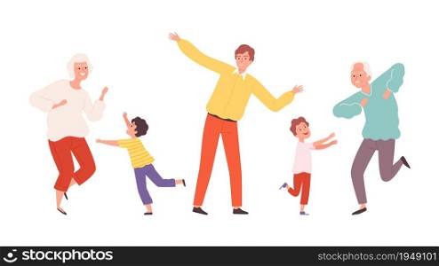 Cute dancing family. Elderly adult and children dencers characters. Happy grandparents and kids vector illustration. Family dance, happy together girl boy and granny. Cute dancing family. Elderly adult and children dencers characters. Happy grandparents and kids vector illustration
