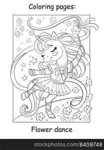 Cute dancing unicorn ballerina. Coloring book page for children. Vector cartoon illustration isolated on white background. For coloring book, education, print, game, decor, puzzle, design. Cute dancing unicorn ballerina coloring book page
