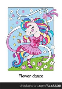 Cute dancing unicorn ballerina. Vector colorful cartoon illustration isolated on white background. For coloring book, education, print, game, decor, puzzle, design. Cute dancing unicorn ballerina color vector illustration