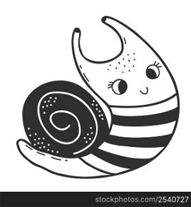 Cute decorative snail sailor in striped vest. Linear hand drawing. Funny mollusk cochlea. Vector illustration