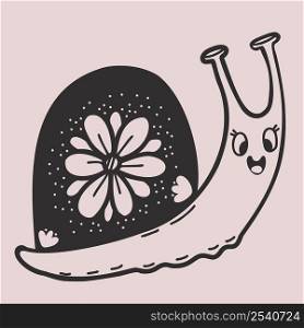Cute decorative snail with flower. Linear hand drawing. Funny mollusk-snail. Vector illustration for decor, decoration, print and design