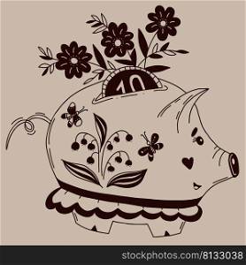 Cute decorative spring pig piggy bank. Vector illustration in hand doodle style. Pig piggy bank with coin, bouquet of flowers, lilies of valley and butterflies. Outline sketch of financial character
