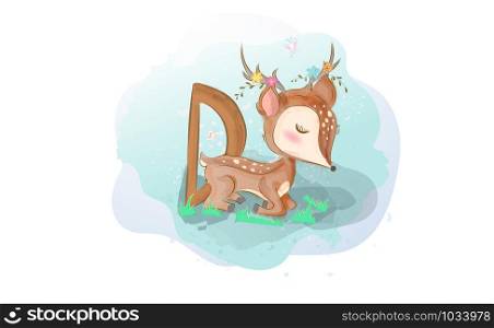 Cute Deer Alphabet watercolor painting.Creative simple wildlife animal hand drawn style.Graphic cartoon child wallpaper.Character kids love nature.Cheerful portrait lovely vector illustration EPS10