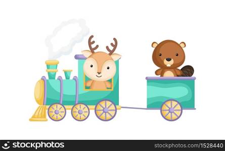 Cute deer and beaver ride on train. Graphic element for childrens book, album, scrapbook, postcard or mobile game. Zoo theme. Flat vector illustration isolated on white background.