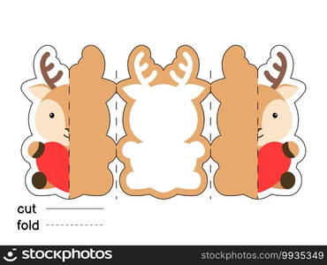 Cute deer hold heart. Fold long greeting card template. Great for St. Valentine day, birthdays, baby showers. Printable color scheme. Print, cut out, fold. Colorful vector stock illustration.