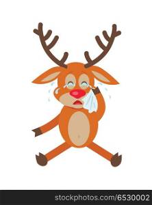 Cute deer wipes tears cartoon. Upset horned reindeer seating and crying with handkerchief in hand flat vector illustration isolated on white background. For icon, emotion concepts, web design. Deer Wipes Tears Cartoon Flat Vector Illustration. Deer Wipes Tears Cartoon Flat Vector Illustration