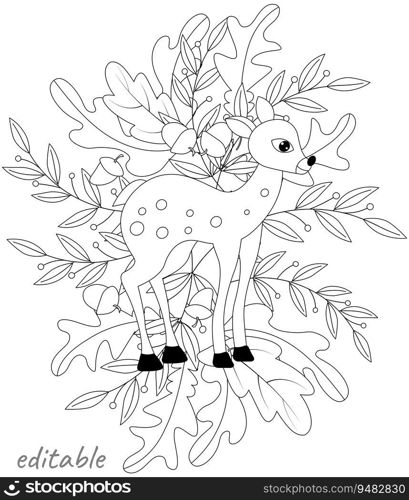 Cute deer with autumn leaves and acorns. Autumn collection. Relaxation coloring template. Editable vector illustration.