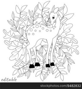 Cute deer with autumn leaves. Autumn collection. Relaxation coloring template. Editable vector illustration.