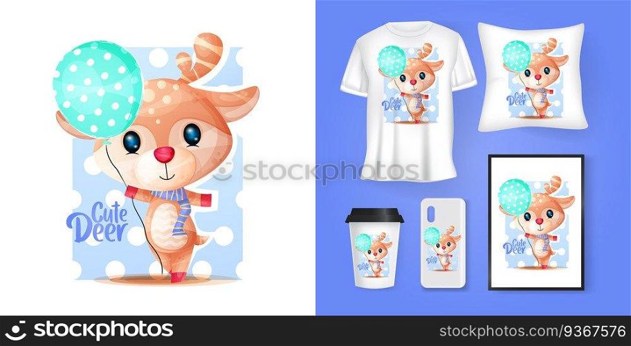 cute deer with balloons cartoon and merchandising