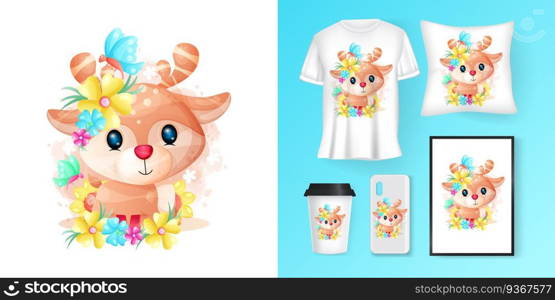 cute deer with flowers cartoon and merchandising