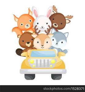Cute deer, wolf, beaver, moose, squirrel and polar bear travel in car. Graphic element for childrens book, album, scrapbook, postcard. Zoo theme. Flat vector illustration isolated on white background.