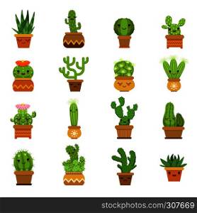Cute desert plants. Cactus in pots, vector cartoon mascot with different emotions. Set of green cactus plant with flower illustration. Cute desert plants. Cactus in pots, vector cartoon mascot with different emotions