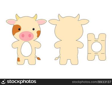 Cute die cut cow chocolate egg holder template. Retail paper box for the easter egg. Printable color scheme. Laser cutting vector template. Isolated vector packaging design illustration.