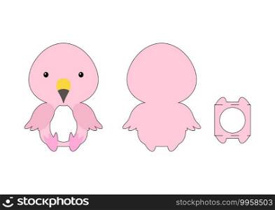 Cute die cut flamingo chocolate egg holder template. Retail paper box for the easter egg. Printable color scheme. Laser cutting vector template. Isolated vector packaging design illustration.
