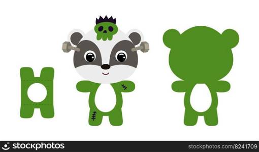 Cute die cut Halloween badger chocolate egg holder template. Cartoon animal character in a monster costume. Retail paper box for the easter egg. Printable color scheme. Vector stock illustration