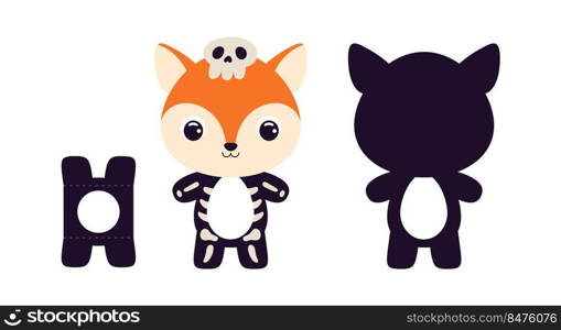 Cute die cut Halloween fox chocolate egg holder template. Cartoon animal character in a skeleton costume. Retail paper box for the easter egg. Printable color scheme. Vector stock illustration
