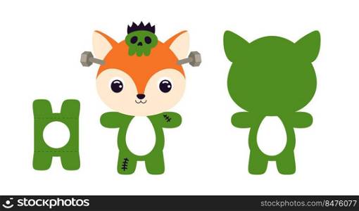 Cute die cut Halloween fox chocolate egg holder template. Cartoon animal character in a Frankenstein costume. Retail paper box for the easter egg. Printable color scheme. Vector stock illustration