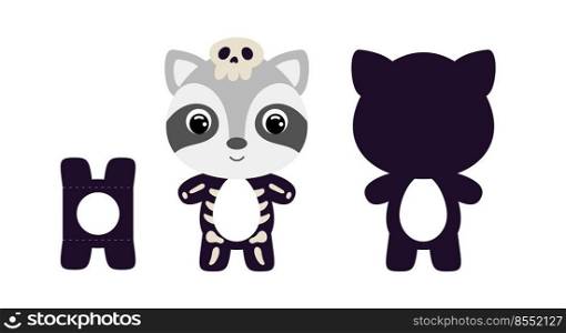 Cute die cut Halloween raccoon chocolate egg holder template. Cartoon animal character in a skeleton costume. Retail paper box for the easter egg. Printable color scheme. Vector stock illustration