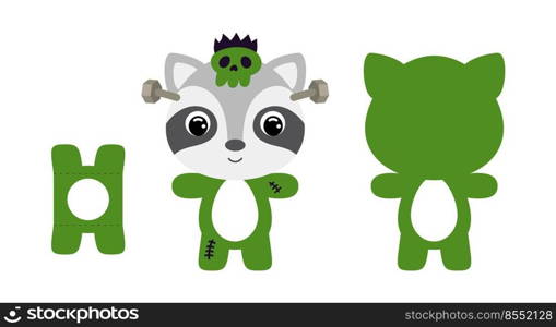 Cute die cut Halloween raccoon chocolate egg holder template. Cartoon animal character in a monster costume. Retail paper box for the easter egg. Pr∫ab≤color scheme. Vector stock illustration