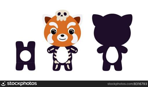 Cute die cut Halloween red panda chocolate egg holder template. Cartoon animal character in a skeleton costume. Retail paper box for the easter egg. Printable color scheme. Vector stock illustration