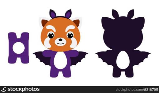 Cute die cut Halloween red panda chocolate egg holder template. Cartoon animal character in a bat costume. Retail paper box for the easter egg. Printable color scheme. Vector stock illustration
