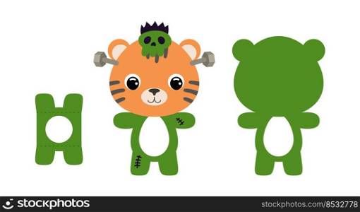 Cute die cut Halloween tiger chocolate egg holder template. Cartoon animal character in a monster costume. Retail paper box for the easter egg. Printable color scheme. Vector stock illustration