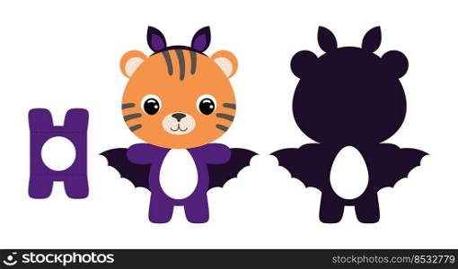 Cute die cut Halloween tiger chocolate egg holder template. Cartoon animal character in a bat costume. Retail paper box for the easter egg. Printable color scheme. Vector stock illustration