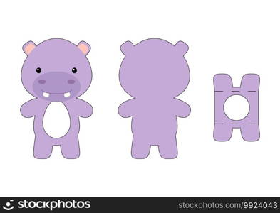 Cute die cut hippo chocolate egg holder template. Retail paper box for the easter egg. Printable color scheme. Laser cutting vector template. Isolated vector packaging design illustration.