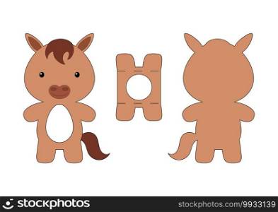 Cute die cut horse chocolate egg holder template. Retail paper box for the easter egg. Printable color scheme. Laser cutting vector template. Isolated vector packaging design illustration.