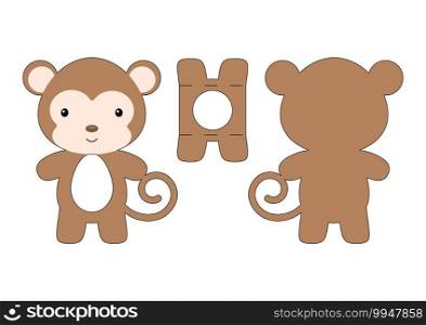Cute die cut monkey chocolate egg holder template. Retail paper box for the easter egg. Printable color scheme. Laser cutting vector template. Isolated vector packaging design illustration.