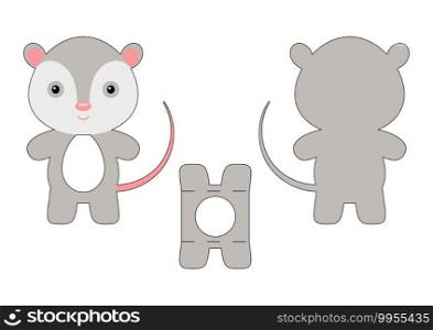 Cute die cut opossum chocolate egg holder template. Retail paper box for the easter egg. Printable color scheme. Laser cutting vector template. Isolated vector packaging design illustration.