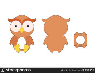 Cute die cut owl chocolate egg holder template. Retail paper box for the easter egg. Printable color scheme. Laser cutting vector template. Isolated vector packaging design illustration.