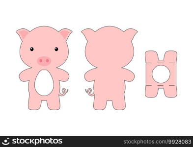 Cute die cut pig chocolate egg holder template. Retail paper box for the easter egg. Printable color scheme. Laser cutting vector template. Isolated vector packaging design illustration.