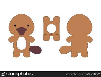 Cute die cut platypus chocolate egg holder template. Retail paper box for the easter egg. Printable color scheme. Laser cutting vector template. Isolated vector packaging design illustration.