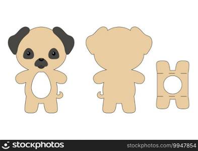 Cute die cut pug dog chocolate egg holder template. Retail paper box for the easter egg. Printable color scheme. Laser cutting vector template. Isolated vector packaging design illustration.